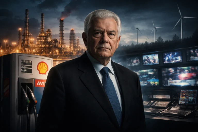 Συμβολική εικόνα για την ισχύ της οικογένειας Βαρδινογιάννη με αναφορές σε διυλιστήρια, καύσιμα, τηλεοπτικά μέσα και ενεργειακή επιρροή στην Ελλάδα