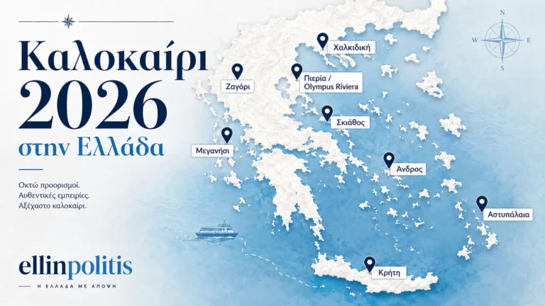 Χάρτης της Ελλάδας με επιλεγμένους καλοκαιρινούς προορισμούς για το 2026, όπως Κρήτη, Χαλκιδική, Ζαγόρι, Σκιάθος και Αστυπάλαια.