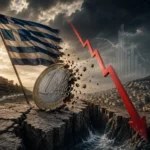Ελληνική σημαία, ραγισμένο νόμισμα του ευρώ και πτωτική οικονομική καμπύλη συμβολίζουν τις αδυναμίες της ελληνικής οικονομίας.