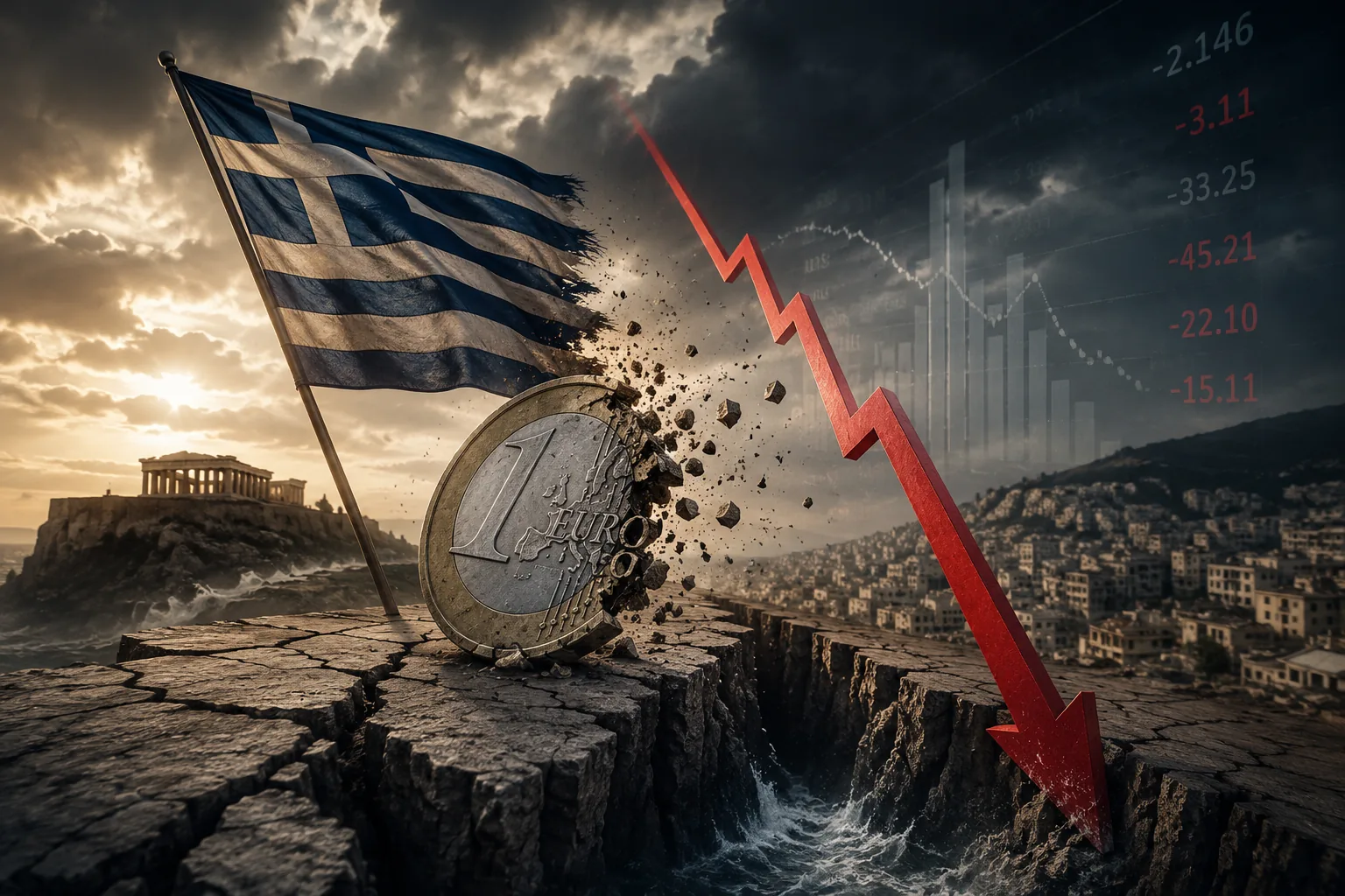 Ελληνική σημαία, ραγισμένο νόμισμα του ευρώ και πτωτική οικονομική καμπύλη συμβολίζουν τις αδυναμίες της ελληνικής οικονομίας.