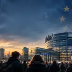 Συμβολική απεικόνιση της πολιτικής κρίσης στην Ευρώπη, με πολίτες μπροστά στο Ευρωπαϊκό Κοινοβούλιο και σημαίες της ΕΕ.