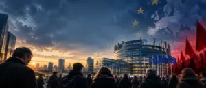 Συμβολική απεικόνιση της πολιτικής κρίσης στην Ευρώπη, με πολίτες μπροστά στο Ευρωπαϊκό Κοινοβούλιο και σημαίες της ΕΕ.