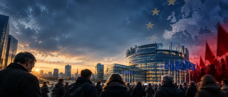 Συμβολική απεικόνιση της πολιτικής κρίσης στην Ευρώπη, με πολίτες μπροστά στο Ευρωπαϊκό Κοινοβούλιο και σημαίες της ΕΕ.